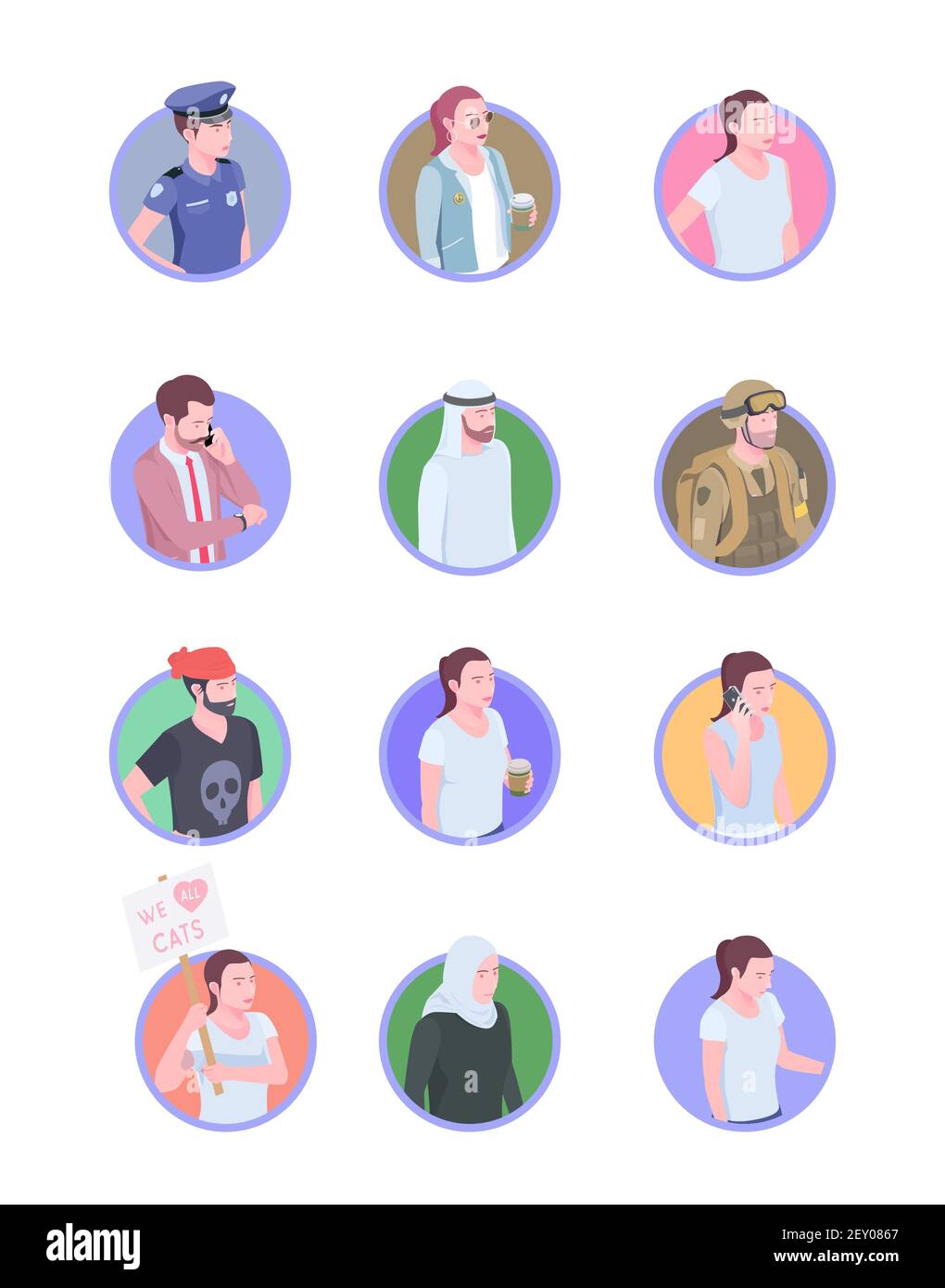 Set of twelve isolated society people isometric icons avatars with doodle human characters on blank background vector illustration Stock Vector