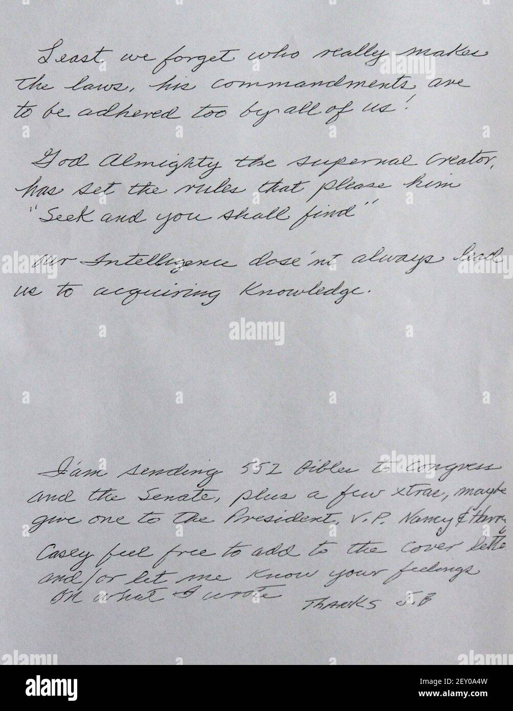 A copy of the letter J.B. Atchison, 79, of Biloxi, Miss. sent to Rep. Steven Palazzo along with more than 500 Bibles to hand out to lawmakers in Washington, D.C. (Photo by John Fitzhugh/Sun Herald/MCT/Sipa USA) Stock Photo