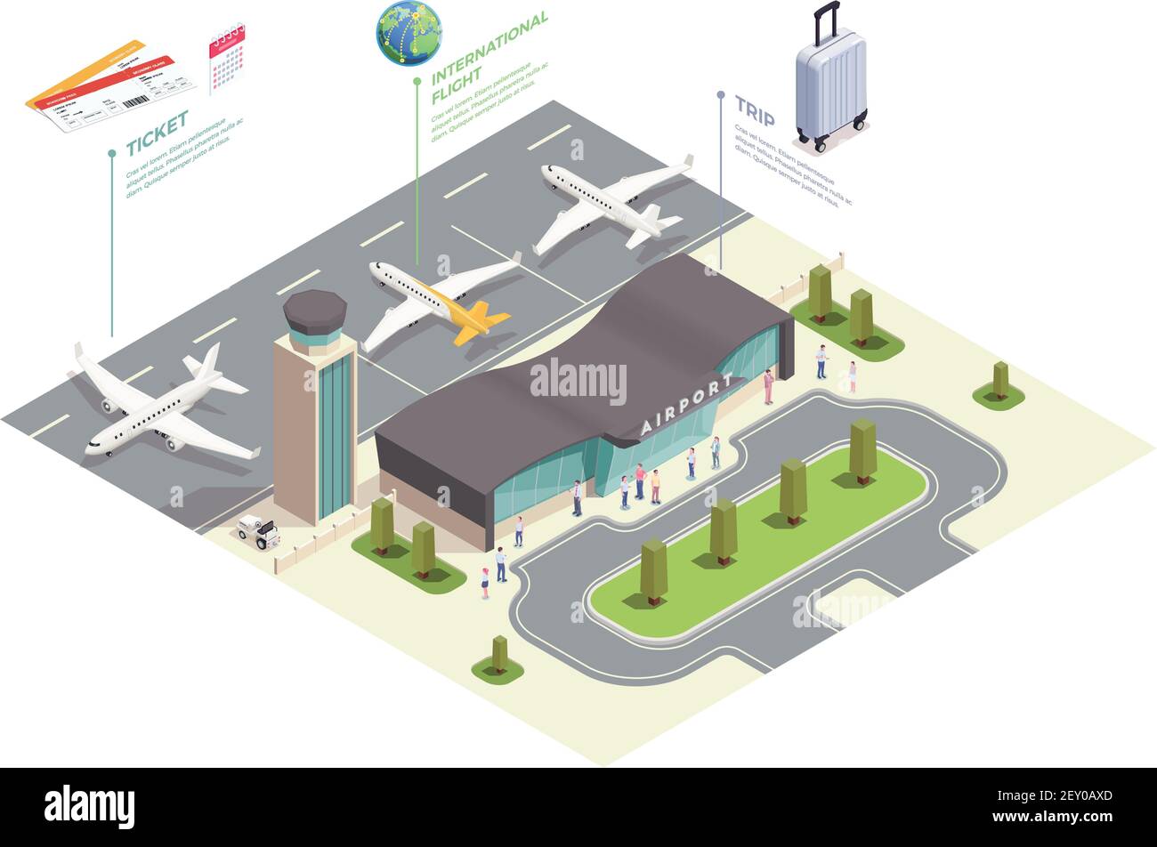 Airport isometric composition with infographic view of airport locations with terminal building
