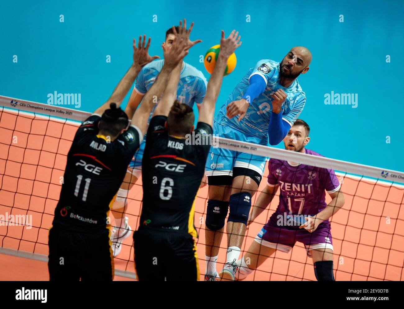 Volleyball. Champions League 2020/2021. Men. Zenit-Kazan (Kazan, Russia) vs  SKRA (Belchatow, Poland). Zenit-Kazan players Earvin Ngapeth (second right)  and Valentin Golubev (right) during a match. March 04, 2021. Russia, Kazan  Photo credit: