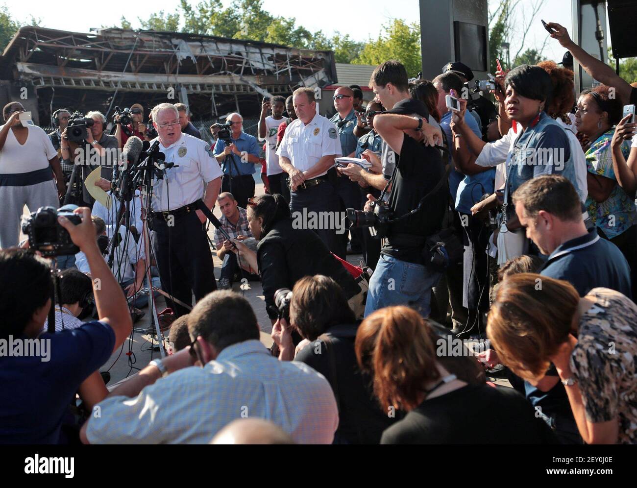 Ferguson Police Chief Thomas Jackson ID's Ferguson police officer Darren Wilson as the shooter of Michael Brown to a crowd of reporters and citizens on Friday, Aug. 15, 2014, at the burned QuickTrip located on W. Florissant in Ferguson, Mo. (Photo by Laurie Skrivan/St. Louis Post-Dispatch/MCT/Sipa USA) Stock Photo