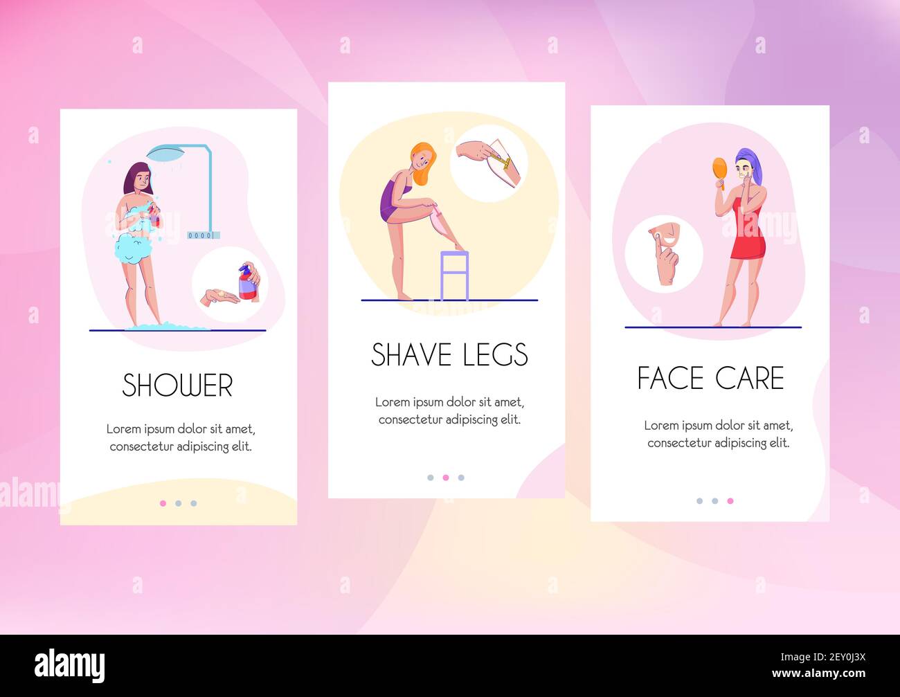 Feminine hygiene info cards flat banners set with face care legs