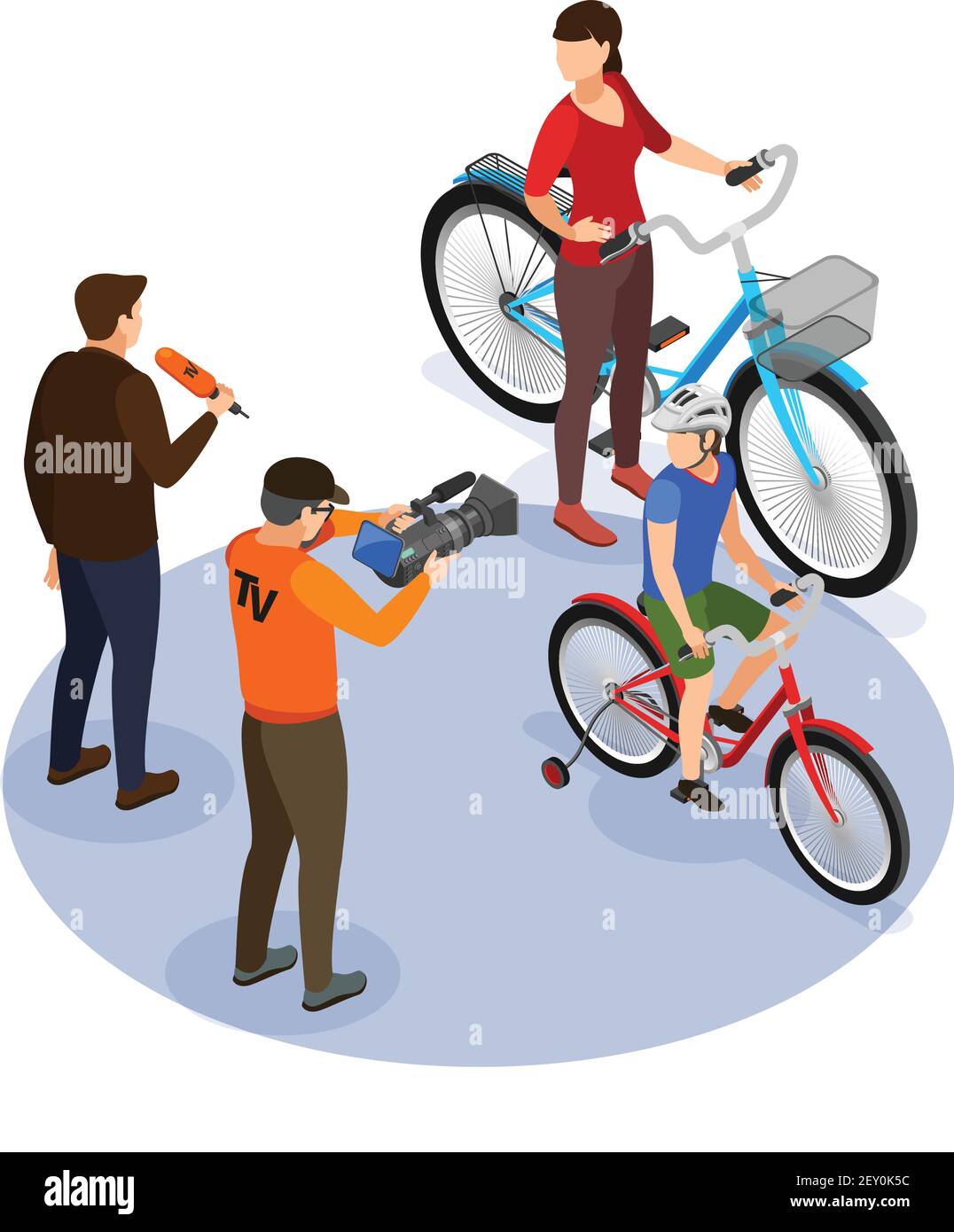 Broadcasting isometric design concept with cameraman and commentator asking questions to passers