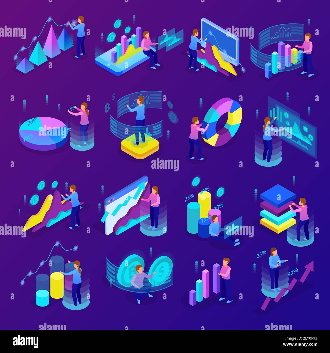 Isometric glowing business analytics icons set with people making ...