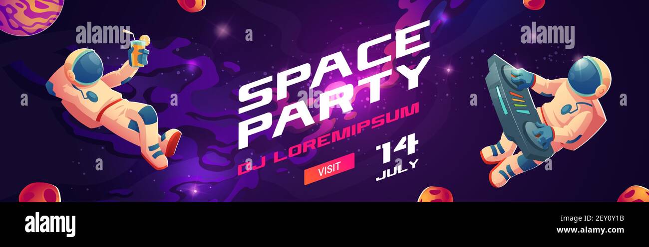 Space party cartoon flyers, invitation to music show with astronaut dj with  turntable in open space, spaceman mixing techno sounds, cosmos, galaxy  posters free drinks and parking Vector illustration Stock Vector Image