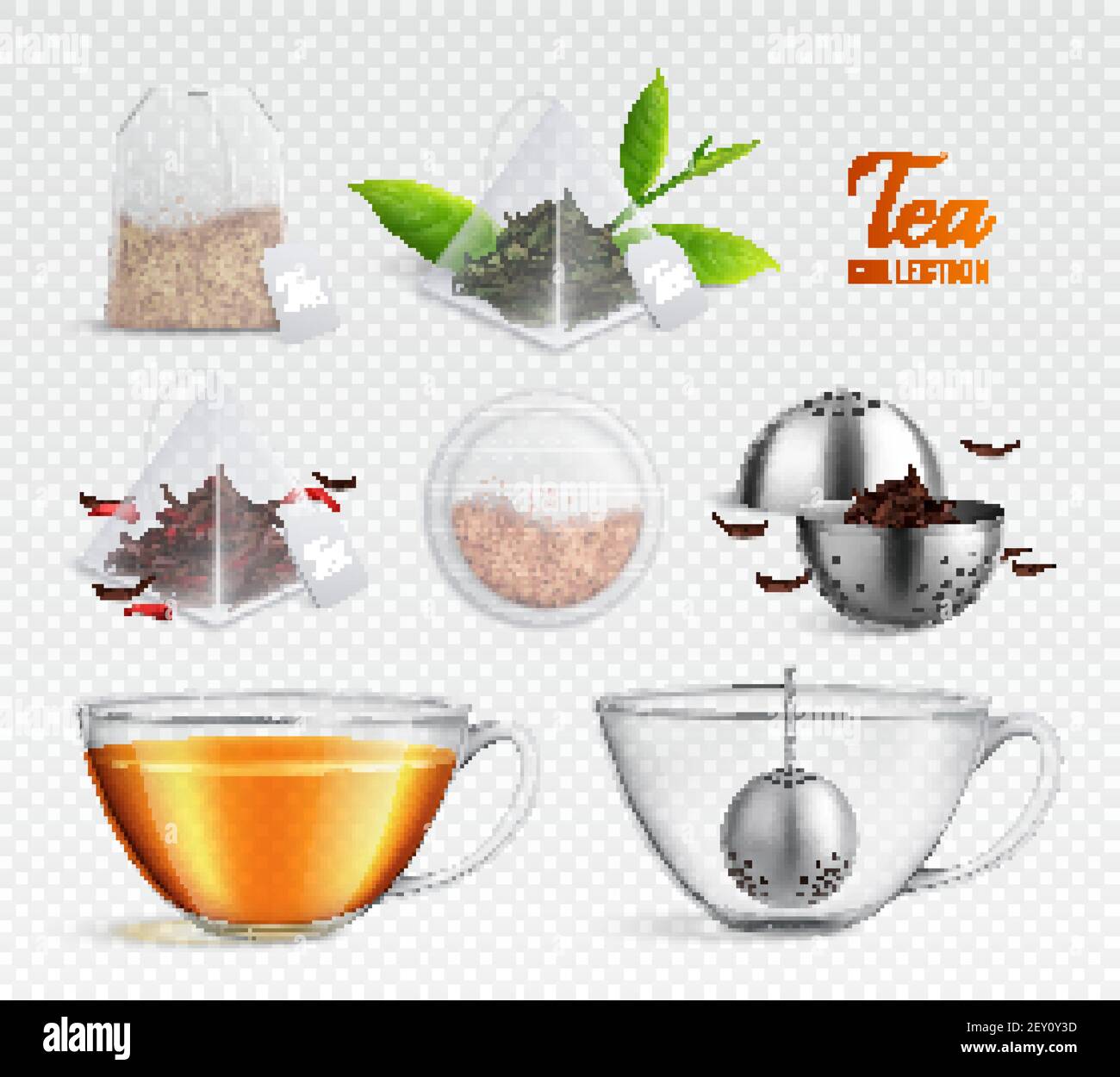 Tea brewing bag realistic transparent icon set with different elements on transparent background vector illustration Stock Vector