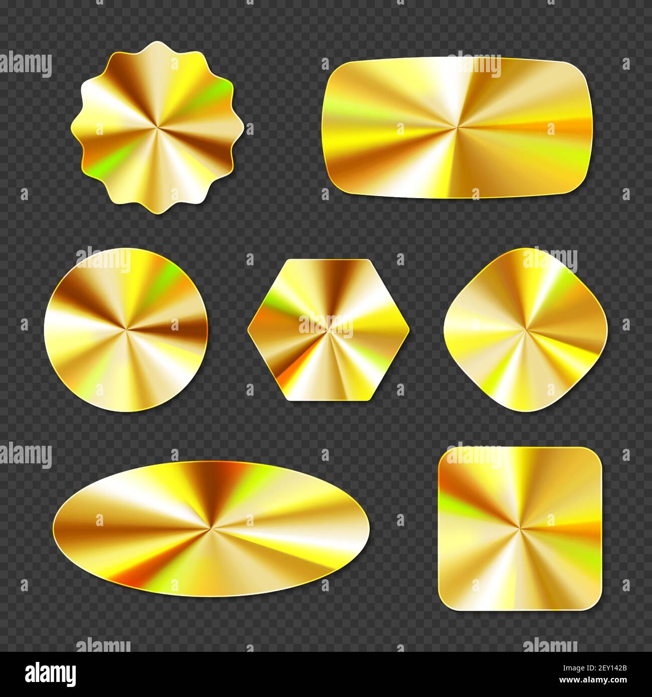 Gold holographic stickers, hologram labels different shapes. Round, square, oval, rhombus, hexagon and wavy iridescent foil or golden colored blank shiny emblems, Realistic 3d vector illustration, set Stock Vector