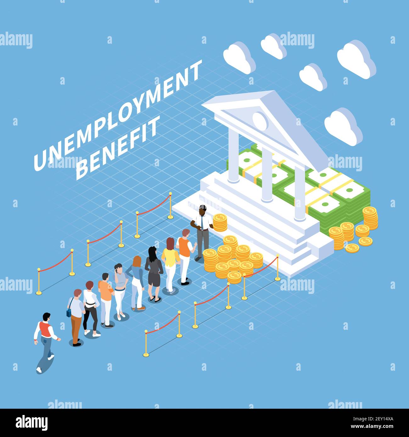 Social security unemployment benefits unconditional income isometric composition with people and conceptual image of classic facade vector illustratio Stock Vector