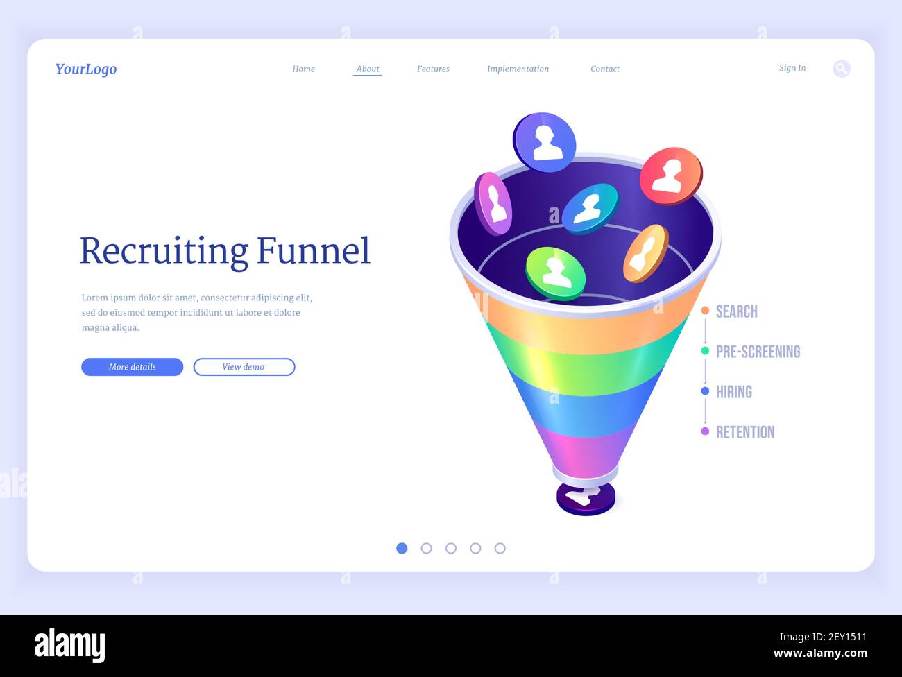 Recruiting funnel banner. Concept of organization hiring process, search and selection staff and employees to business. Vector landing page of recruitment system by few steps Stock Vector