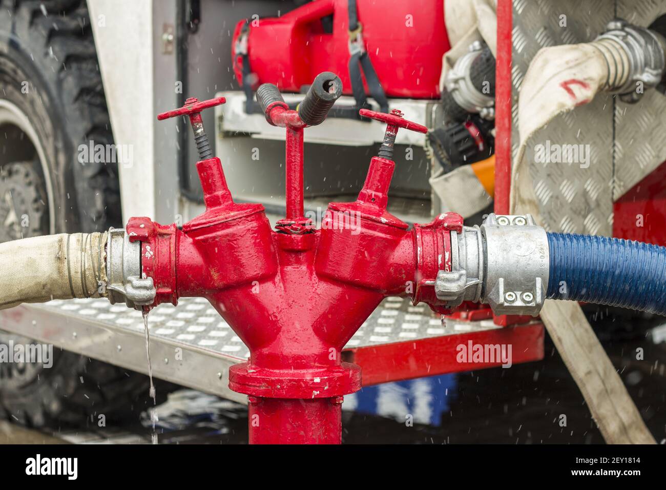 Fire truck equipment. Hoses supply connected to hydrant Stock Photo Alamy