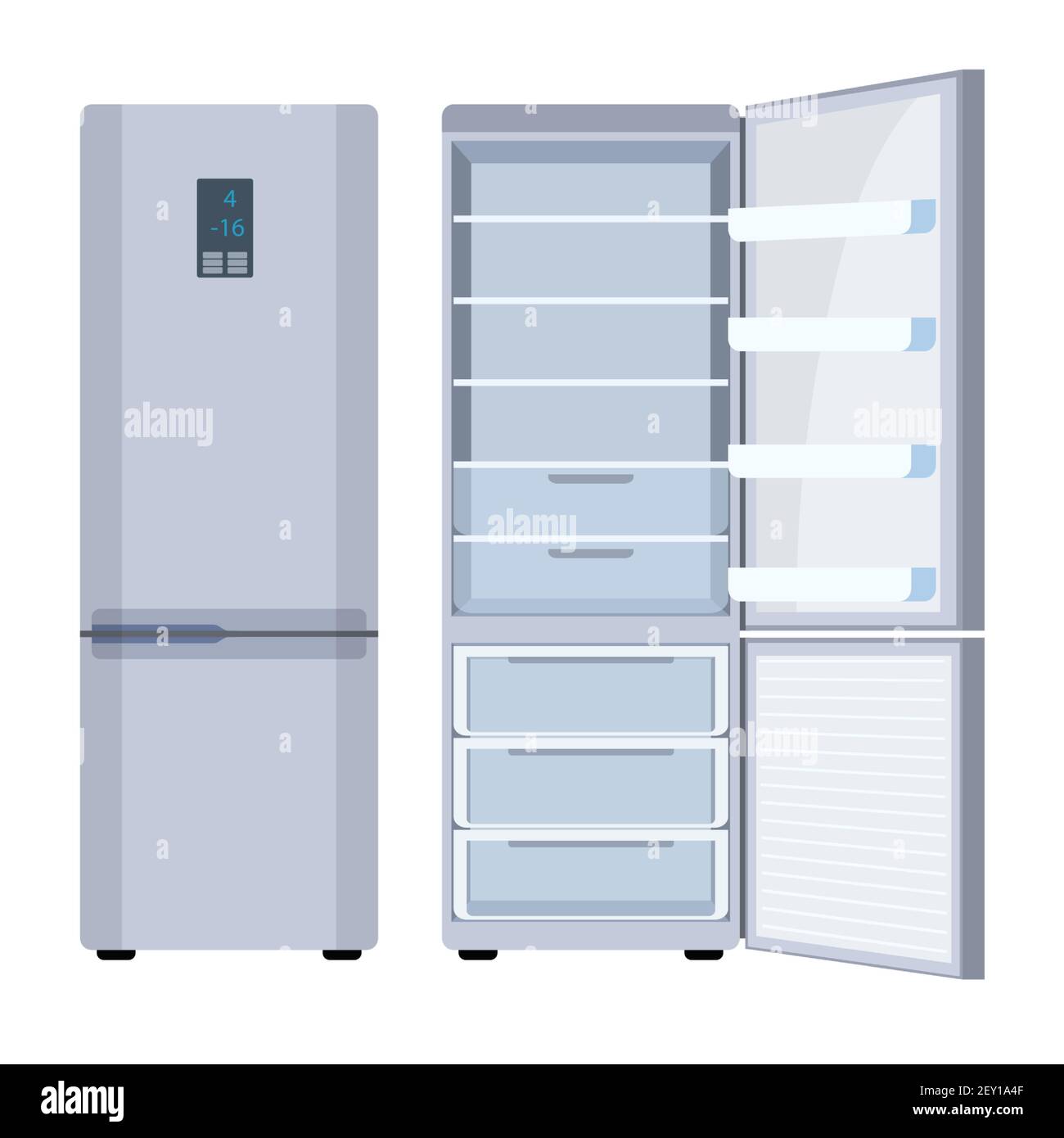 Outdoor white refrigerator. Closed white fridge. Fridge with freezer Stock Vector