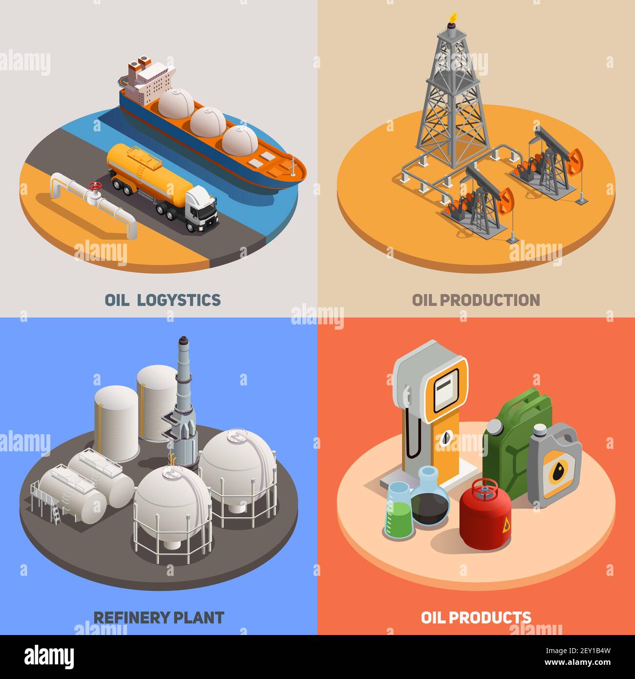 Oil production logistics refinery plant 4 isometric colorful background icons square  petroleum industry concept isolated vector illustration Stock Vector