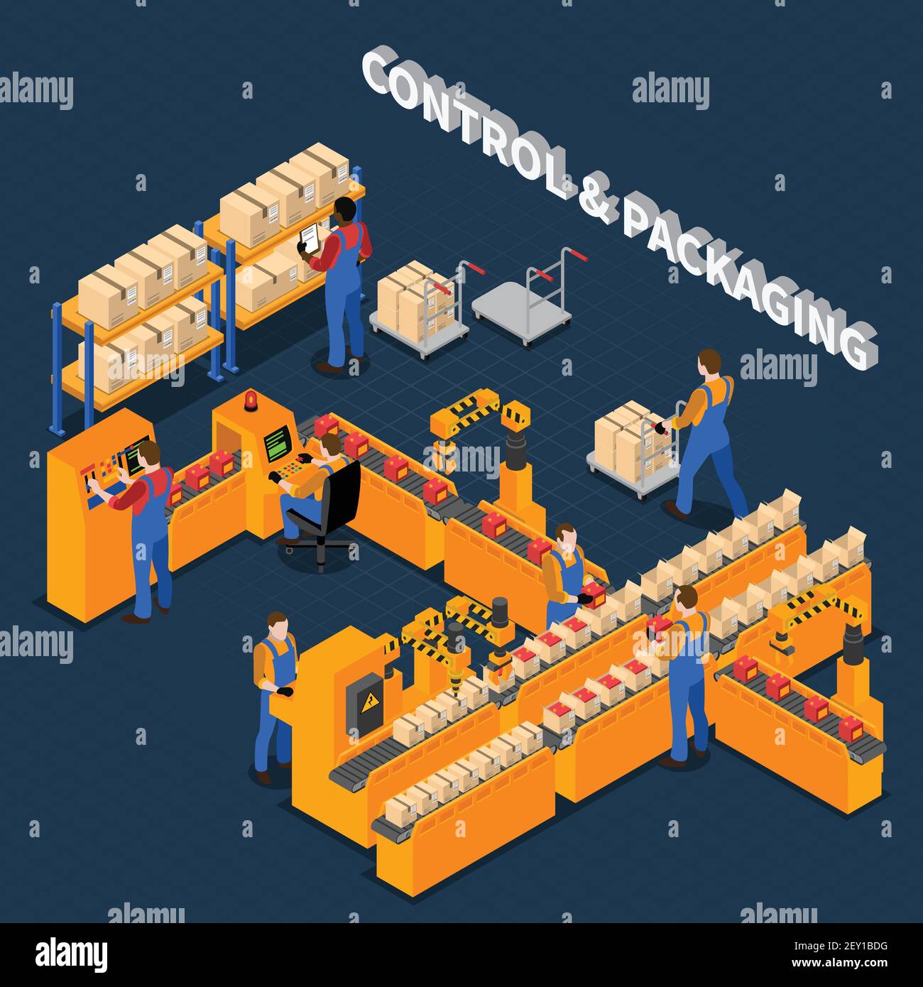 Factory workers isometric people composition with characters of workers performing control and packaging tasks with text vector illustration Stock Vector