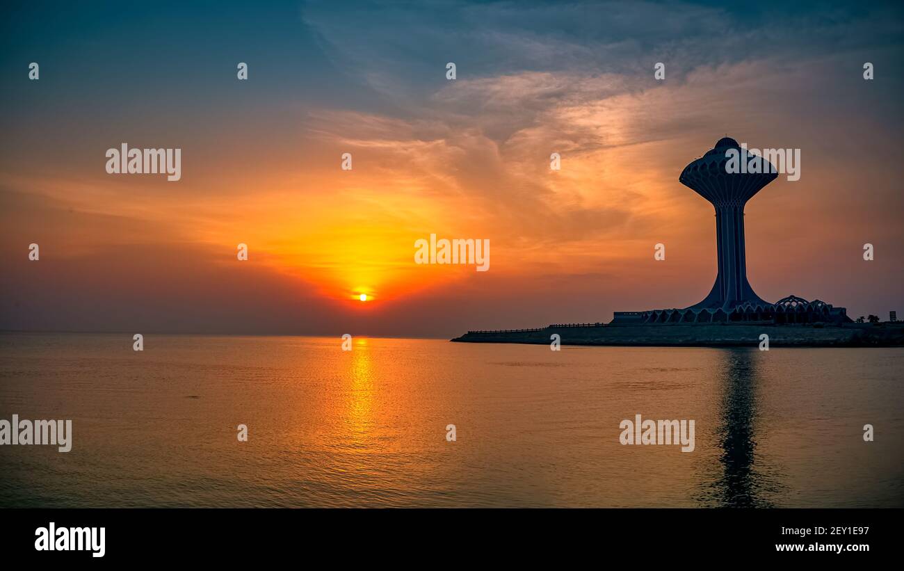 Silhouette view of Al Khobar Corniche sunrise . City Khobar, Saudi Arabia. Stock Photo