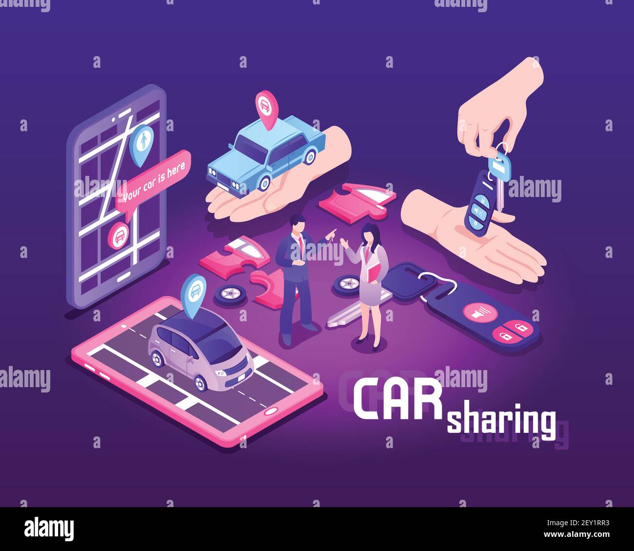 Isometric car sharing composition with conceptual images of touch screen devices cars people and location signs vector illustration Stock Vector