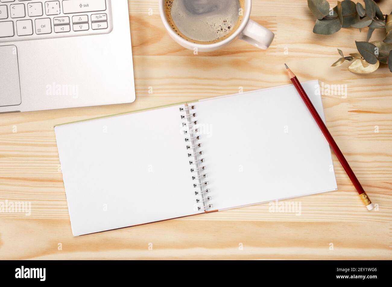mockup notepad Notebook and coffee on wooden background, top view with ...
