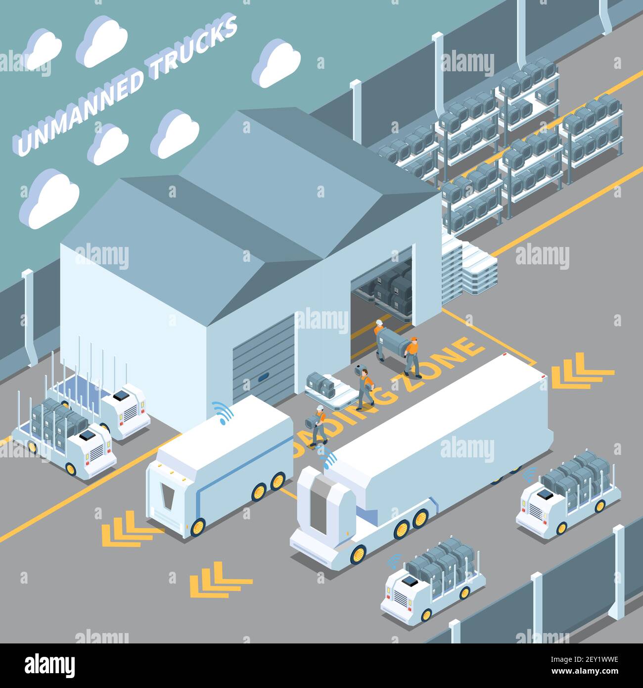 Autonomous car driverless vehicle robotic transport isometric composition with unmanned trucks being loaded by warehouse workers vector illustration Stock Vector