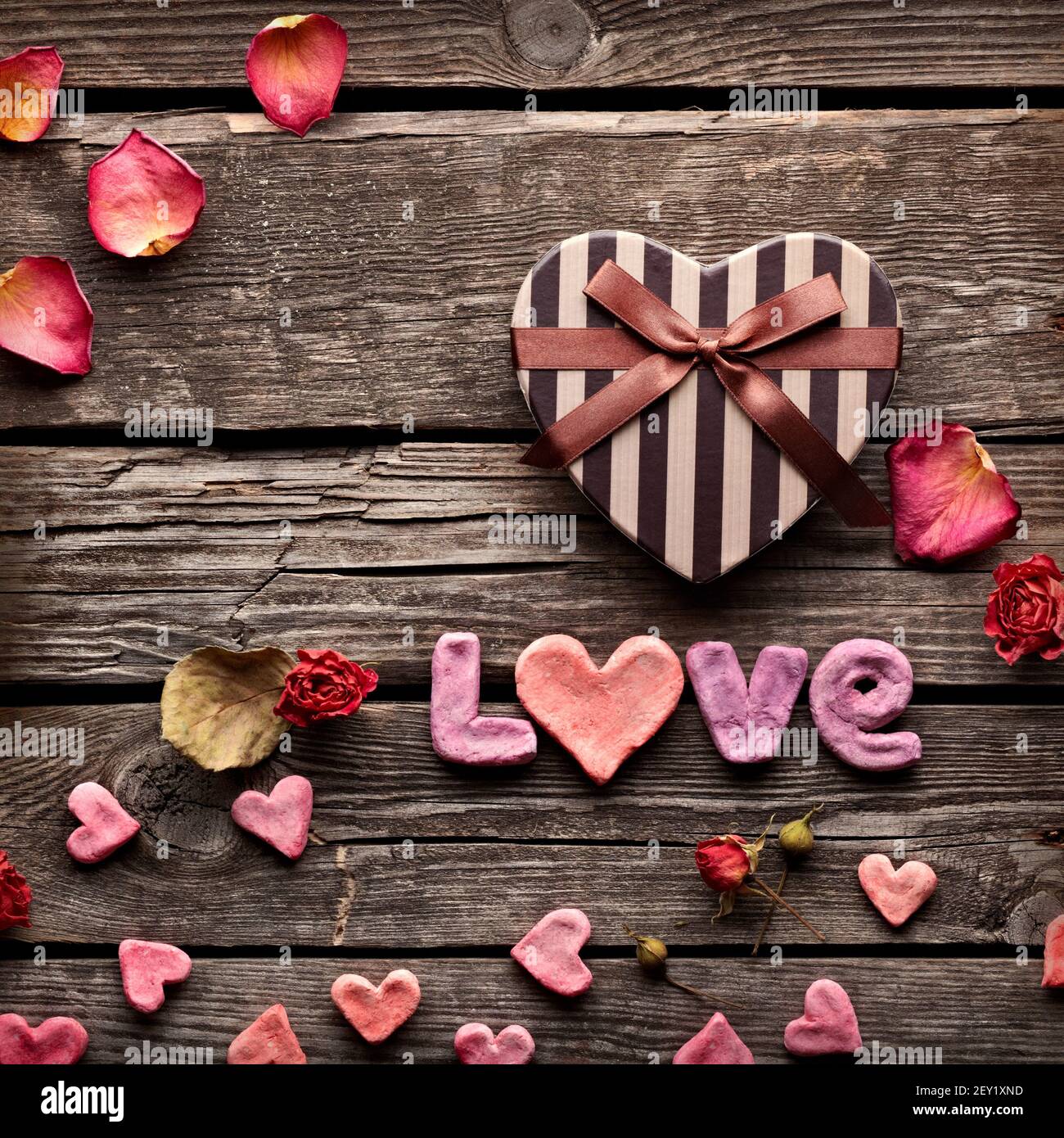 Word Love with heart Valentines Day gift box Stock Photo