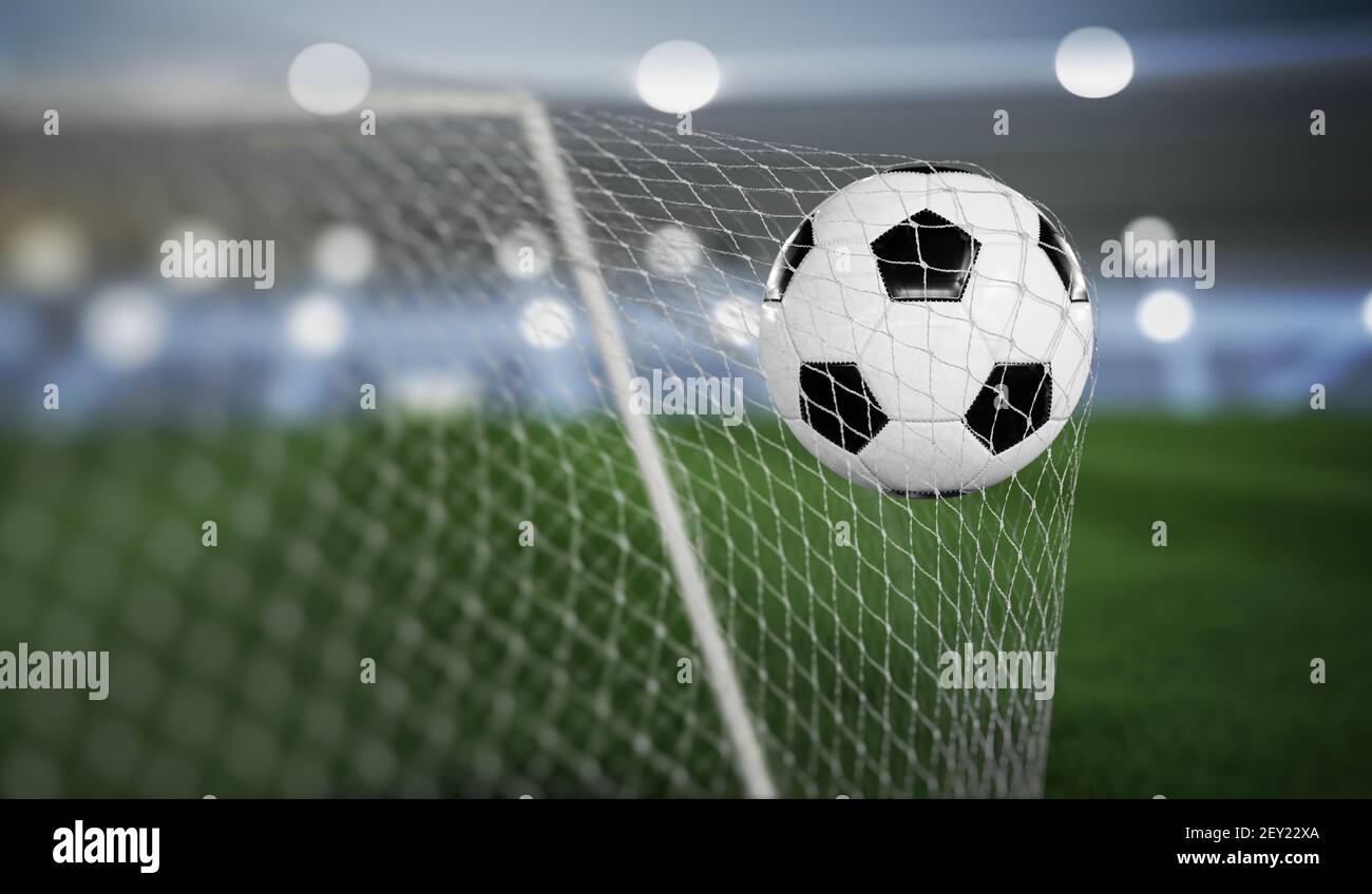 Goal soccer or football ball in the net. 3D rendered illustration