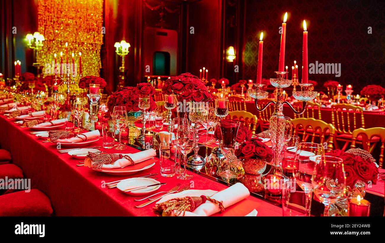 Table set for wedding or another catered event dinner. Stock Photo