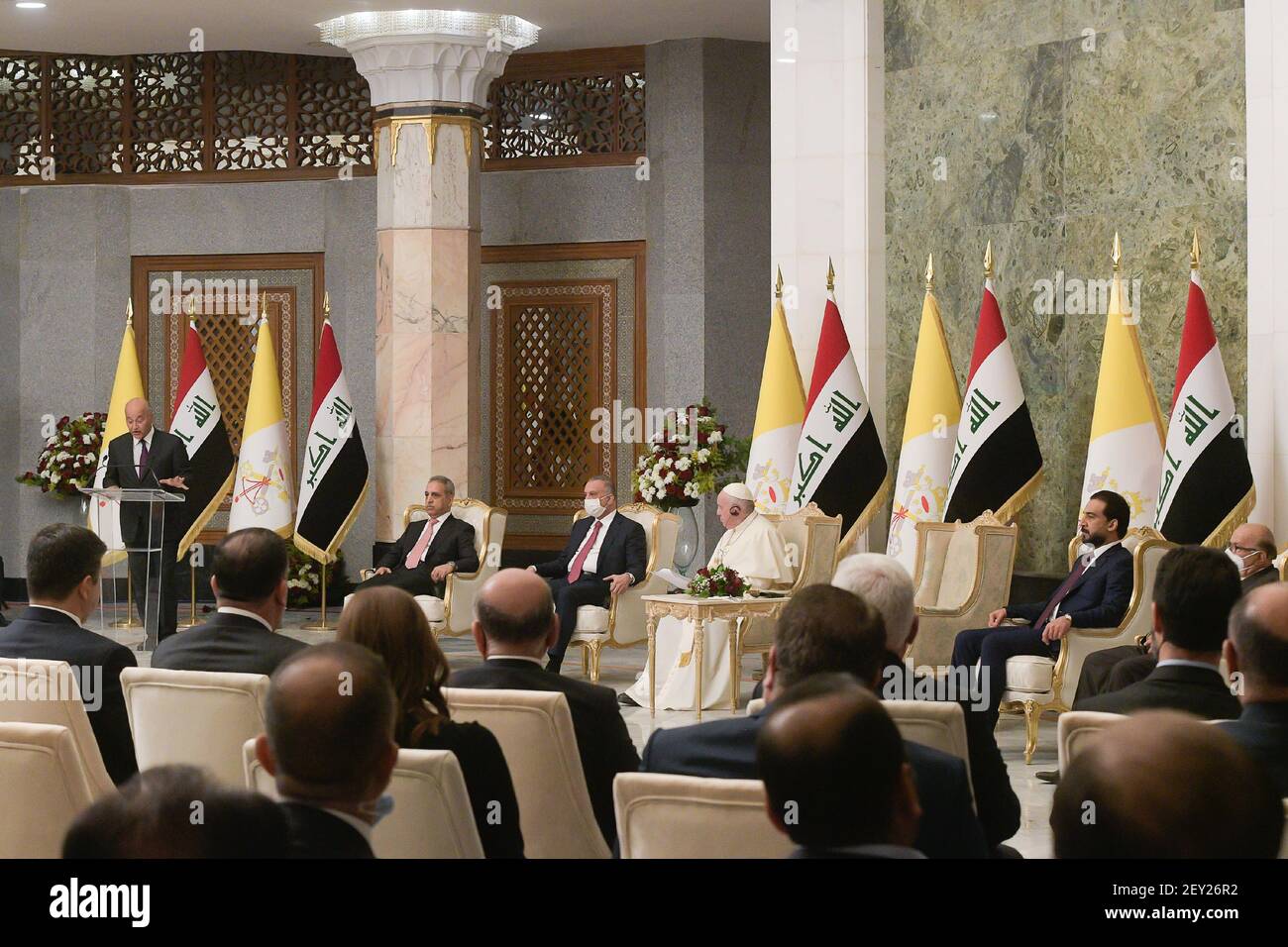 Baghdad, Iraq. 05th Mar, 2021. Pope Francis addresses Iraqi officials at the presidential palace in Baghdad's Green Zone, at the start of the first papal visit to Iraq. Credit: Independent Photo Agency/Alamy Live News Stock Photo