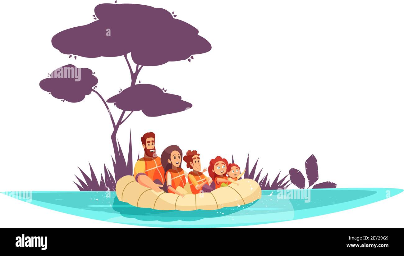 Family active holidays parents and kids in life jackets on inflatable raft cartoon vector illustration Stock Vector
