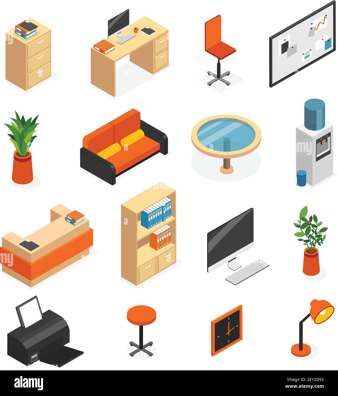 Isometric isolated office furniture icon set with couch lamp computer ...