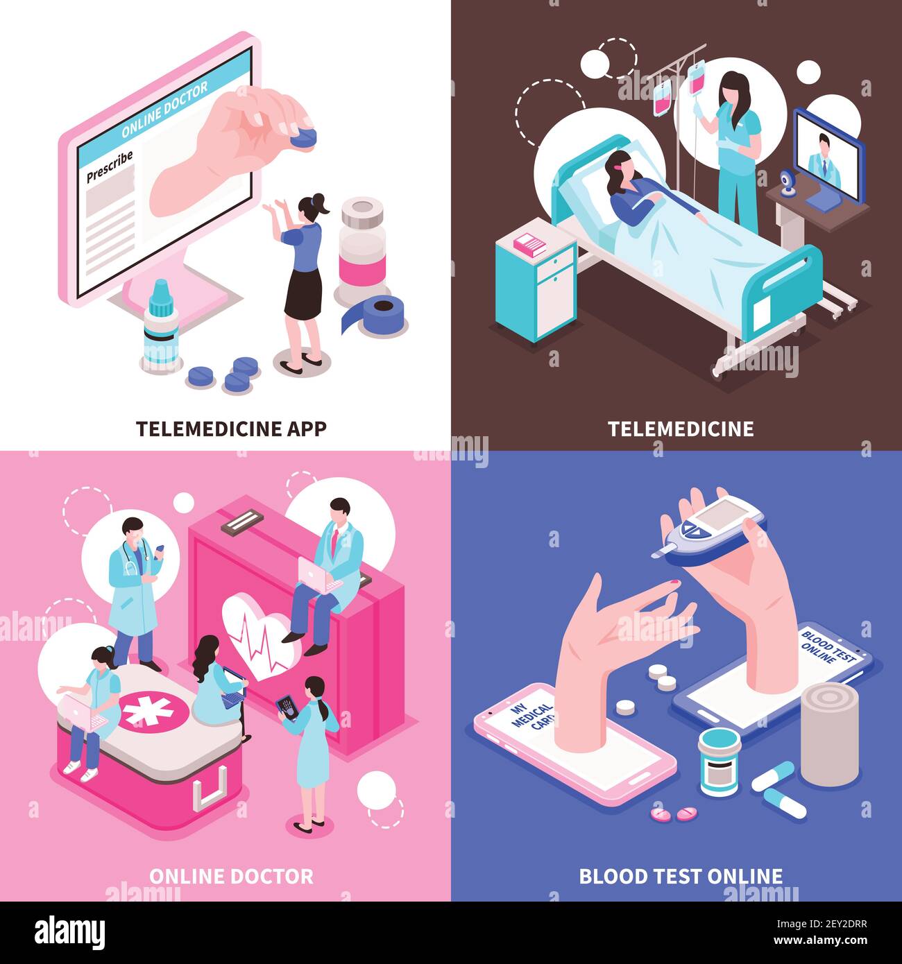 Online medicine 2x2 design concept with doctors and medical equipment