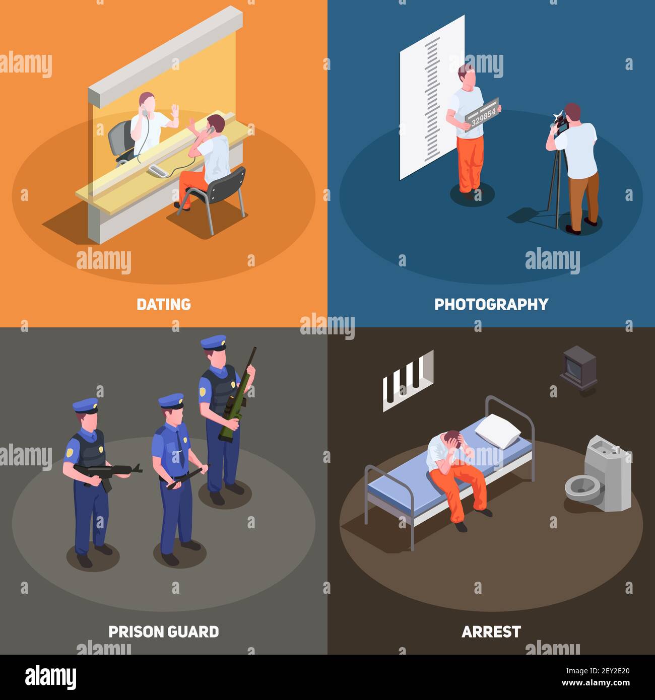 Prison jail concept 4 isometric compositions set with visiting area police photograph guards arrested criminal vector illustration Stock Vector