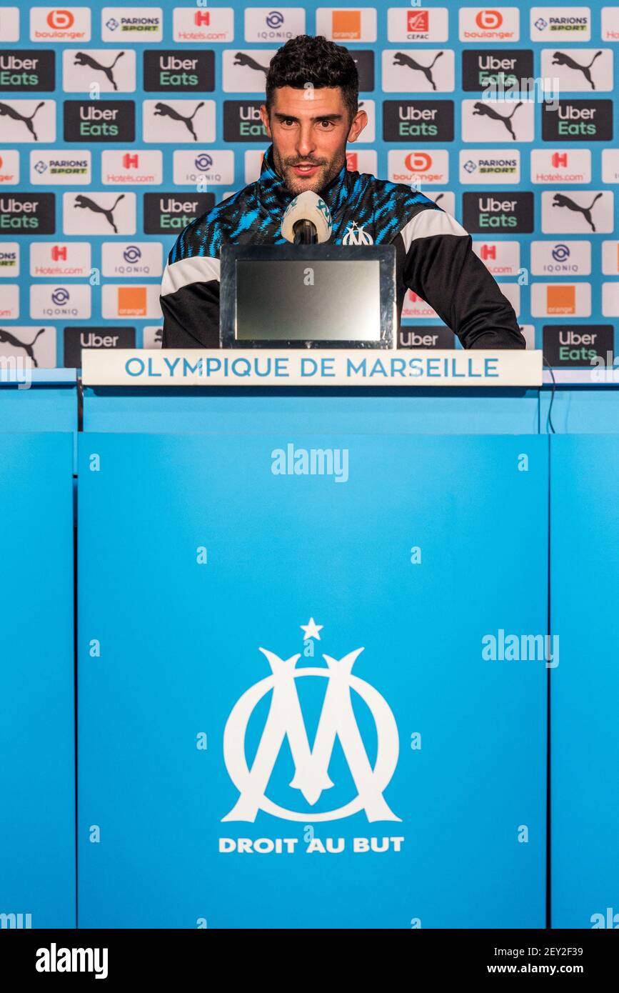 Marseille, France. 05th Mar, 2021. Alvaro Gonzalez press conference at the OM Training Center in Marseille, France on March 5, 2021. Photo by Florian Escoffier/ABACAPRESS.COM Credit: Abaca Press/Alamy Live News Stock Photo