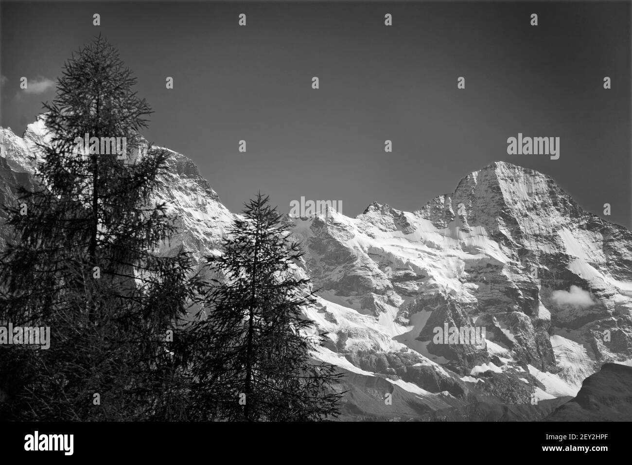 The Breithorn above the head of the Lauterbrunnen valley, Bernese Oberland, Switzerland.  Black and white version Stock Photo