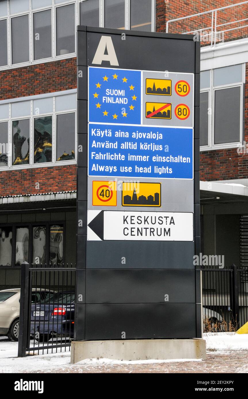 A road sign, ‘Welcome to Finland’, for motorists disembarking from the car ferry in Helsinki port, Helsinki, Finland Stock Photo