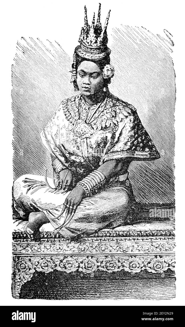 Actress from Siam, Thailand. Culture and history of Asia. Vintage antique black and white illustration. 19th century. Stock Photo