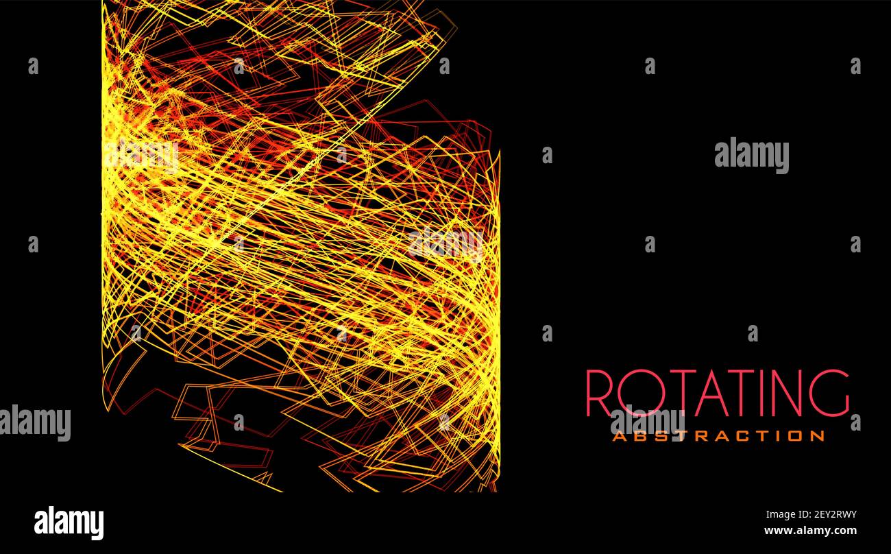 Rotating abstraction by thin tangled lines on black background. Complicated vector graphic structure. Tech design Stock Vector