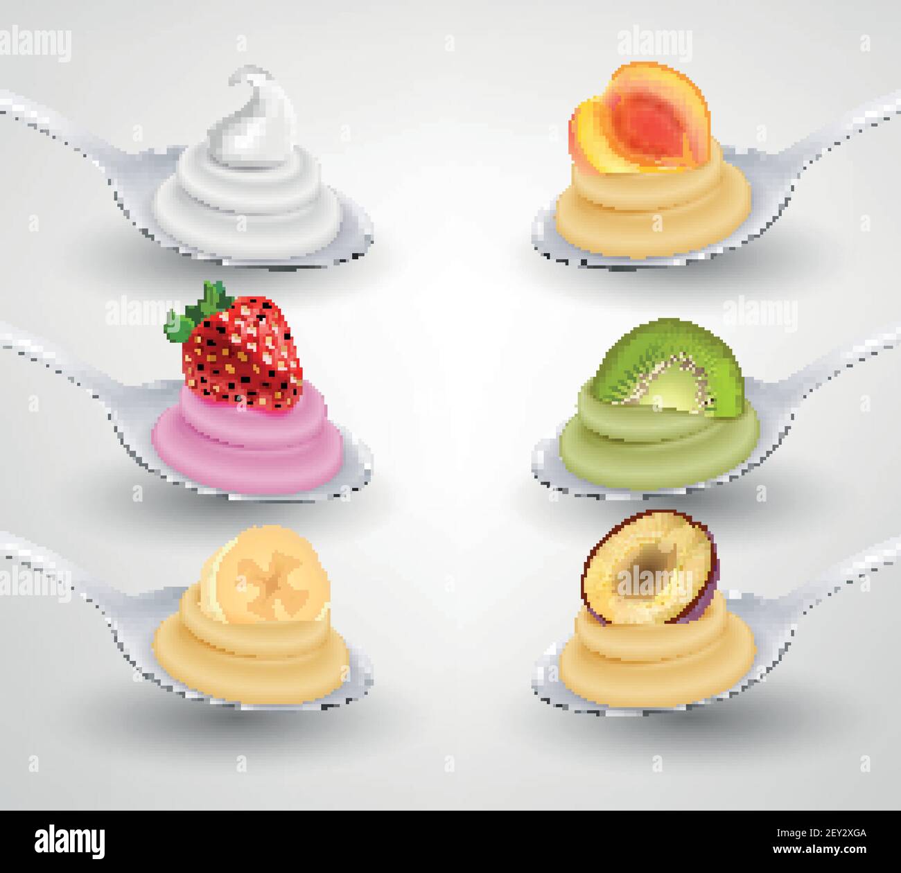 Mini desserts served on spoon appetizing realistic set with strawberry banana kiwi apricot flavored cream vector illustration Stock Vector
