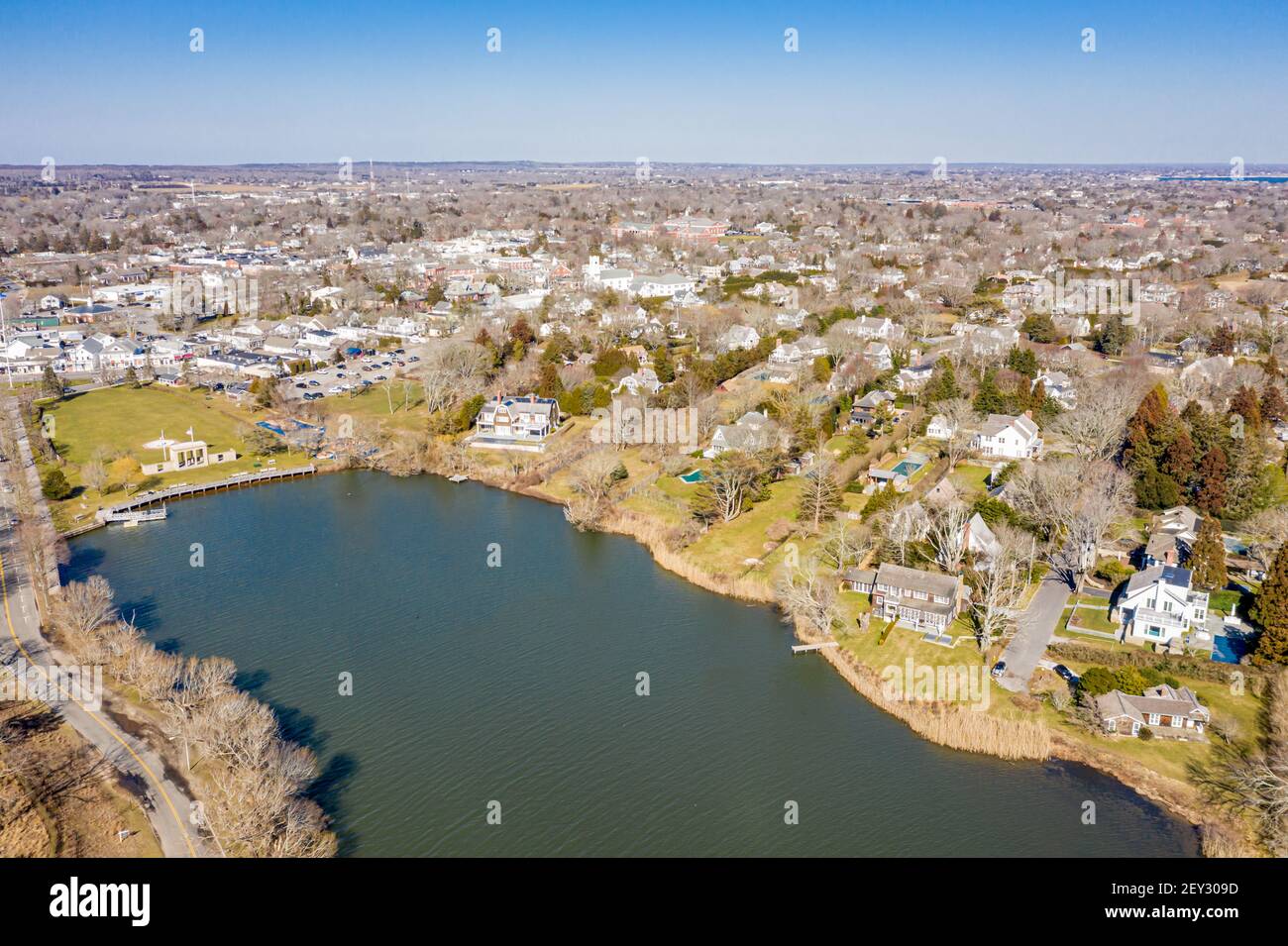 Aerial view of Agawam lake and southahmpton village Stock Photo Alamy