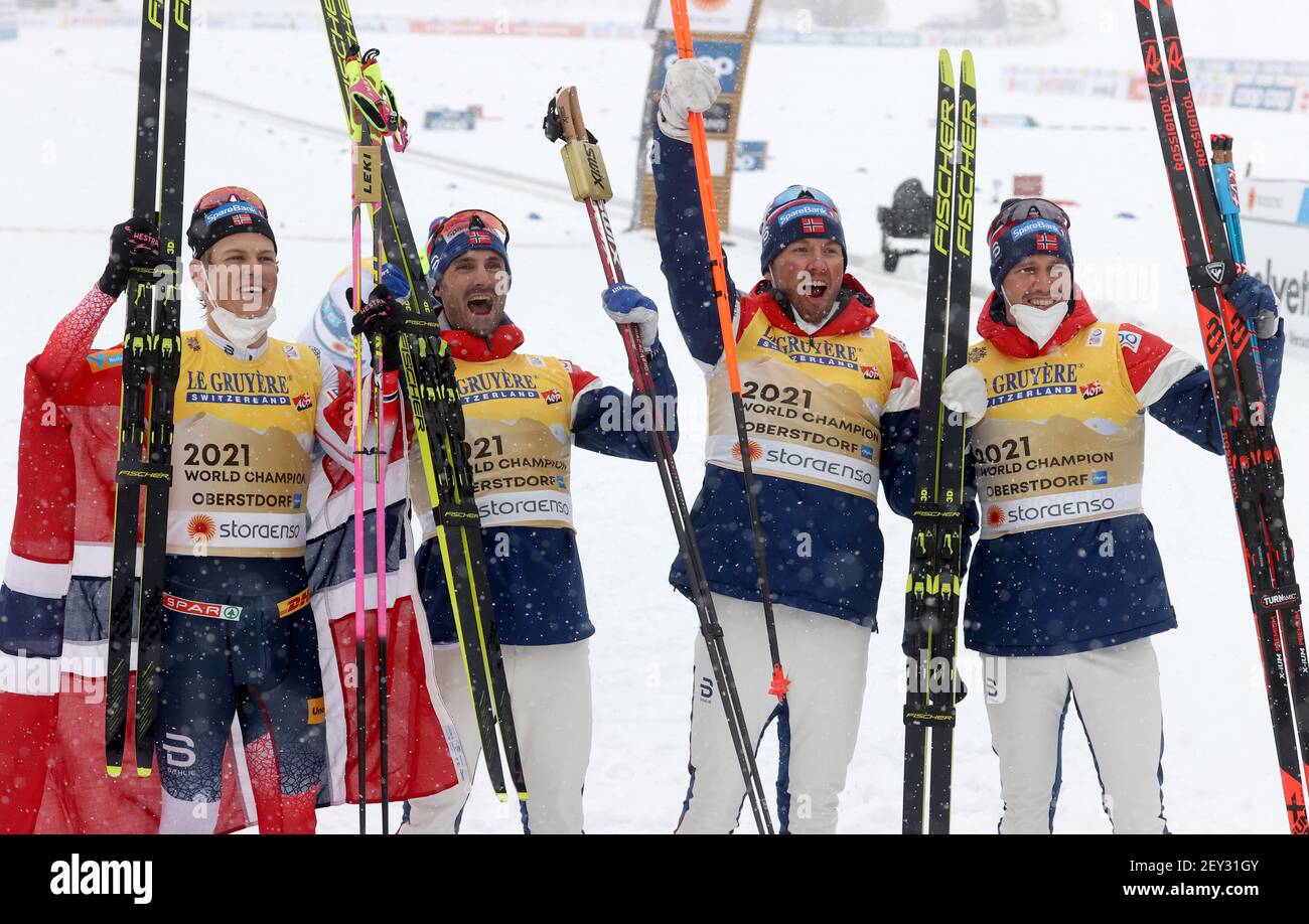 Oberstdorf, Germany. 05th Mar, 2021. Nordic skiing: World Championships, cross-country - relay 4 x 10 km, men. The relay team from Norway (Paal Golberg, Emil Iversen, Hans Christer Holund, Johannes Hoesflot Klaebo) cheers at the finish. Credit: Karl-Josef Hildenbrand/dpa/Alamy Live News Stock Photo