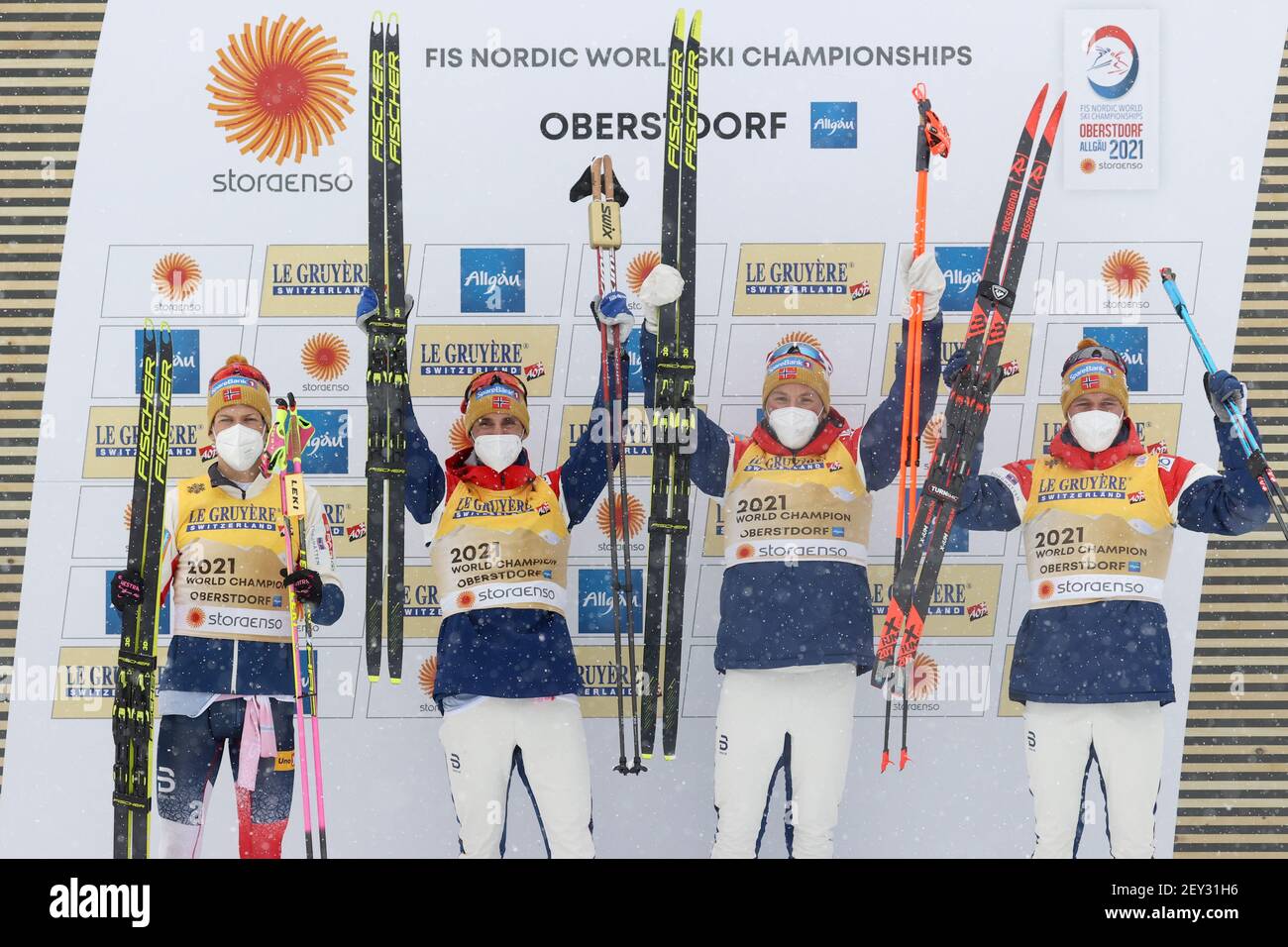 Oberstdorf, Germany. 05th Mar, 2021. Nordic skiing: World Championships, cross-country - relay 4 x 10 km, men. The relay team from Norway (Paal Golberg, Emil Iversen, Hans Christer Holund, Johannes Hoesflot Klaebo) celebrates victory at the award ceremony. Credit: Karl-Josef Hildenbrand/dpa/Alamy Live News Stock Photo