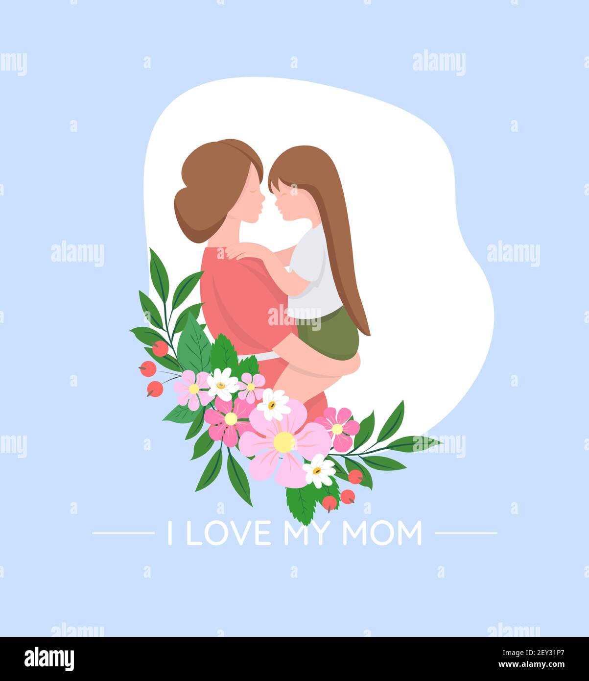 Mother and son. Mother s day card, background. mother and son with flowers vector illustration. I love my mom Stock Vector