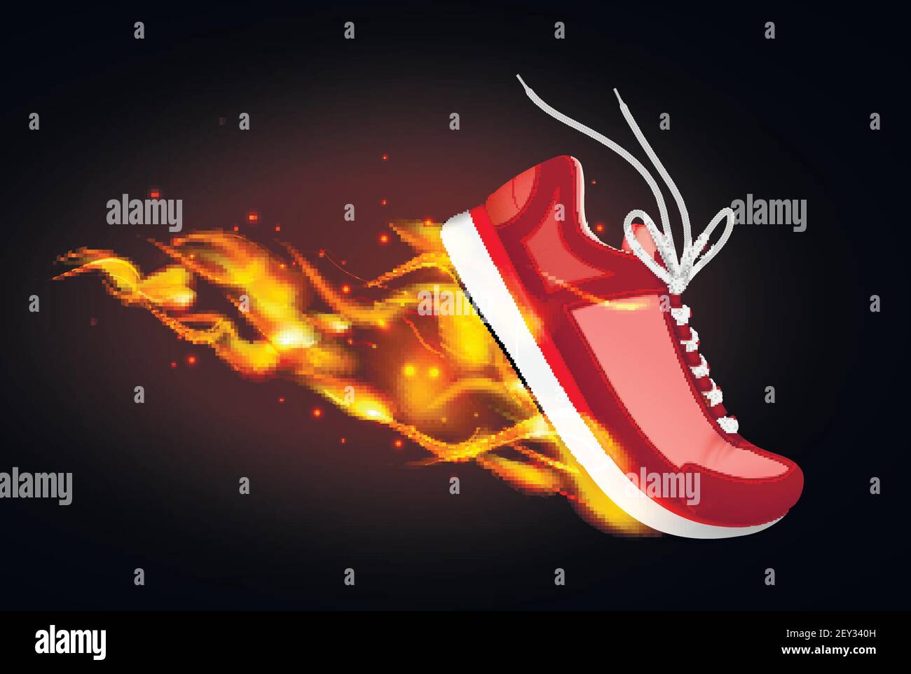 Burning sport shoes realistic vector illustration of red sneaker in dynamics with fire from under sole Stock Vector