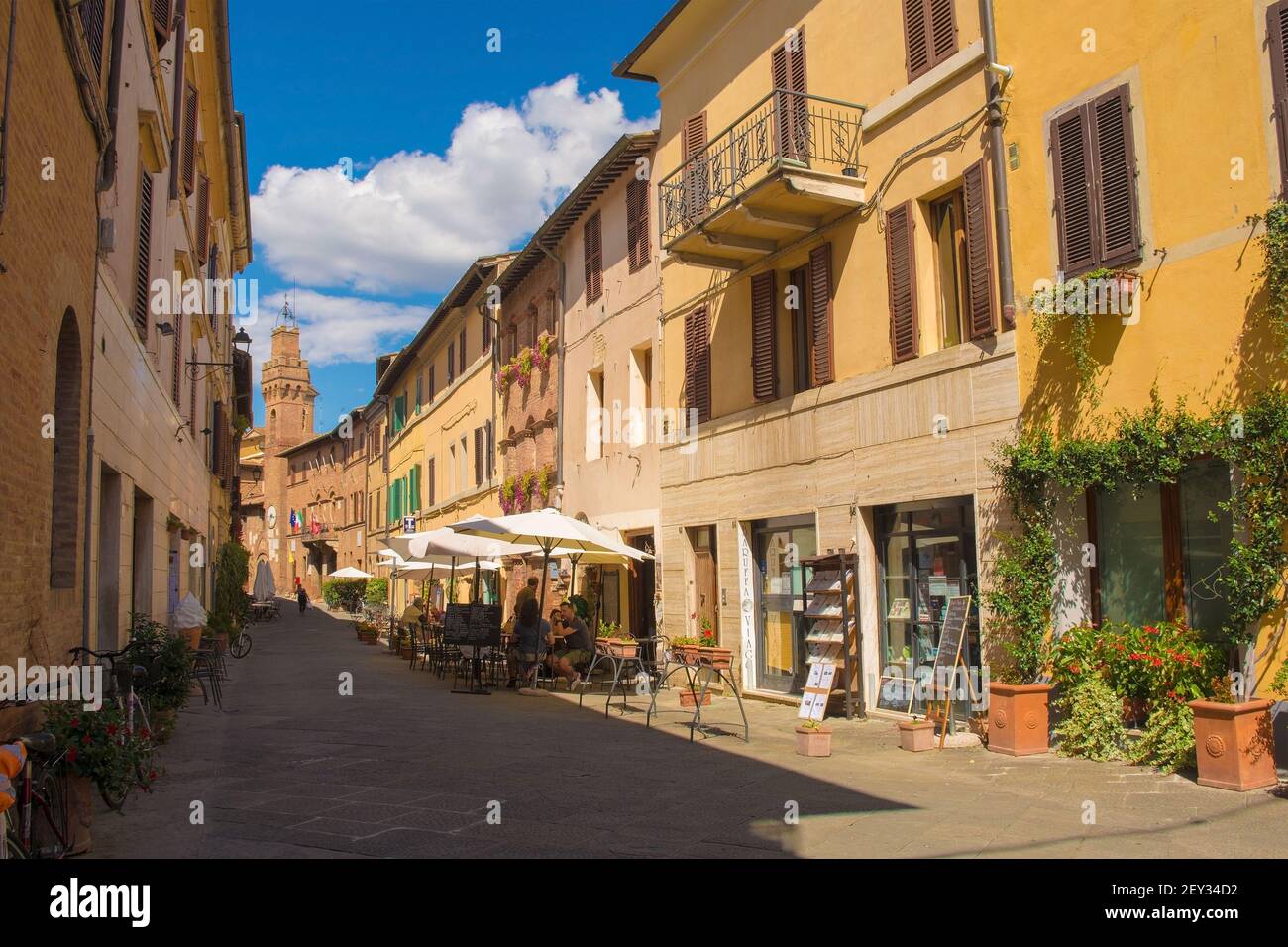 Buonconvento, Italy - September 3rd 2020. A high street in the historic medieval village of Buonconvento in Siena Province, Tuscany Stock Photo