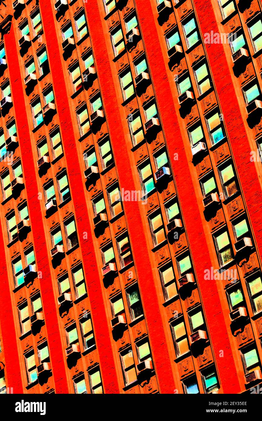 A photoshop rendering of the side of an apartment building in MIdtown Manhattan with air conditioners in every window bay. Stock Photo