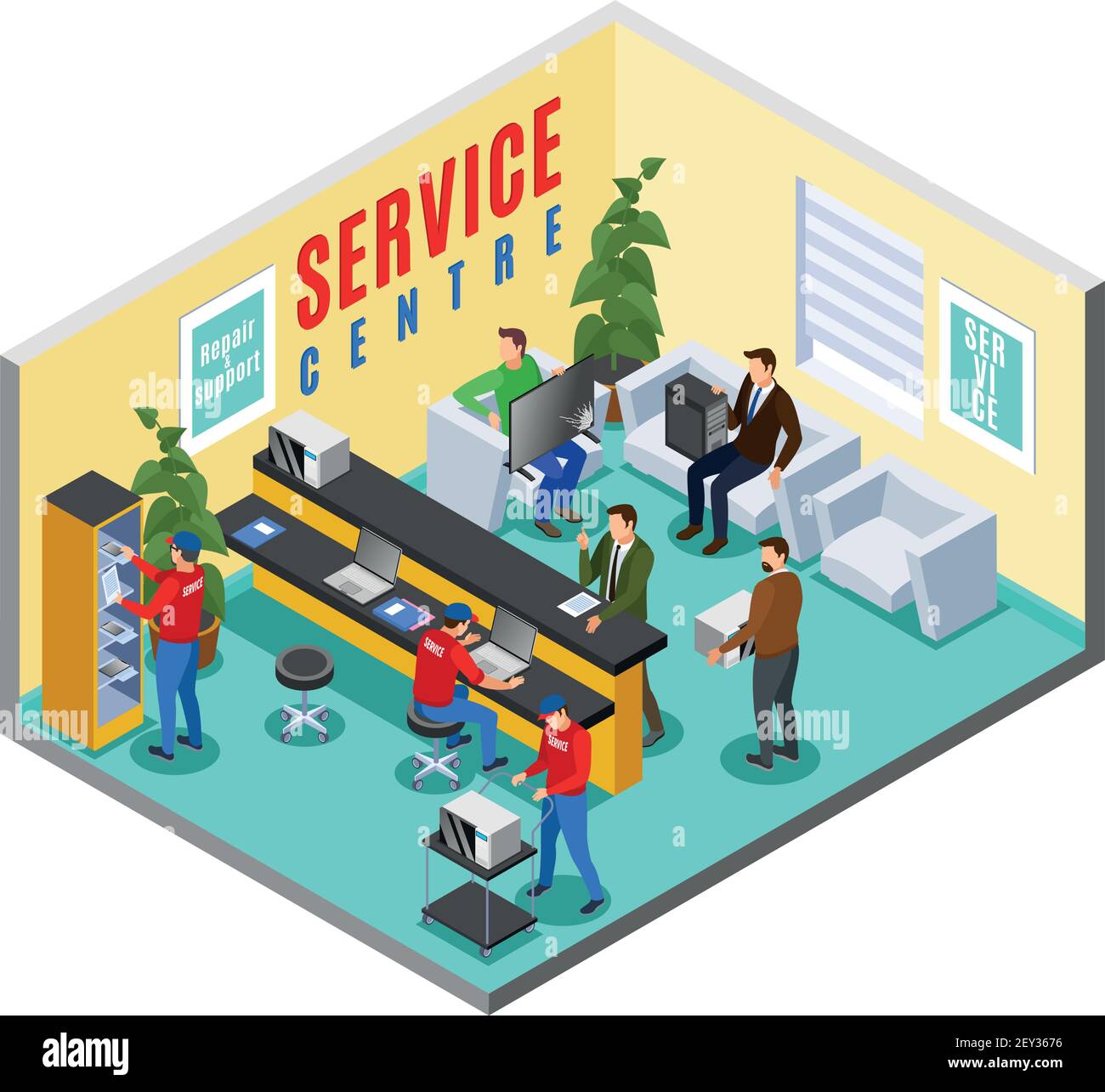 Service centre isometric indoor composition with office interior of repair shop reception area with human characters vector illustration Stock Vector