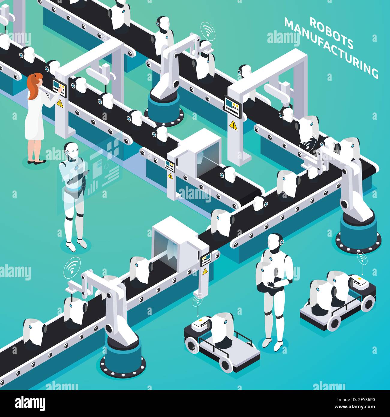 Home robots automated manufacturing line with woman and humanoid