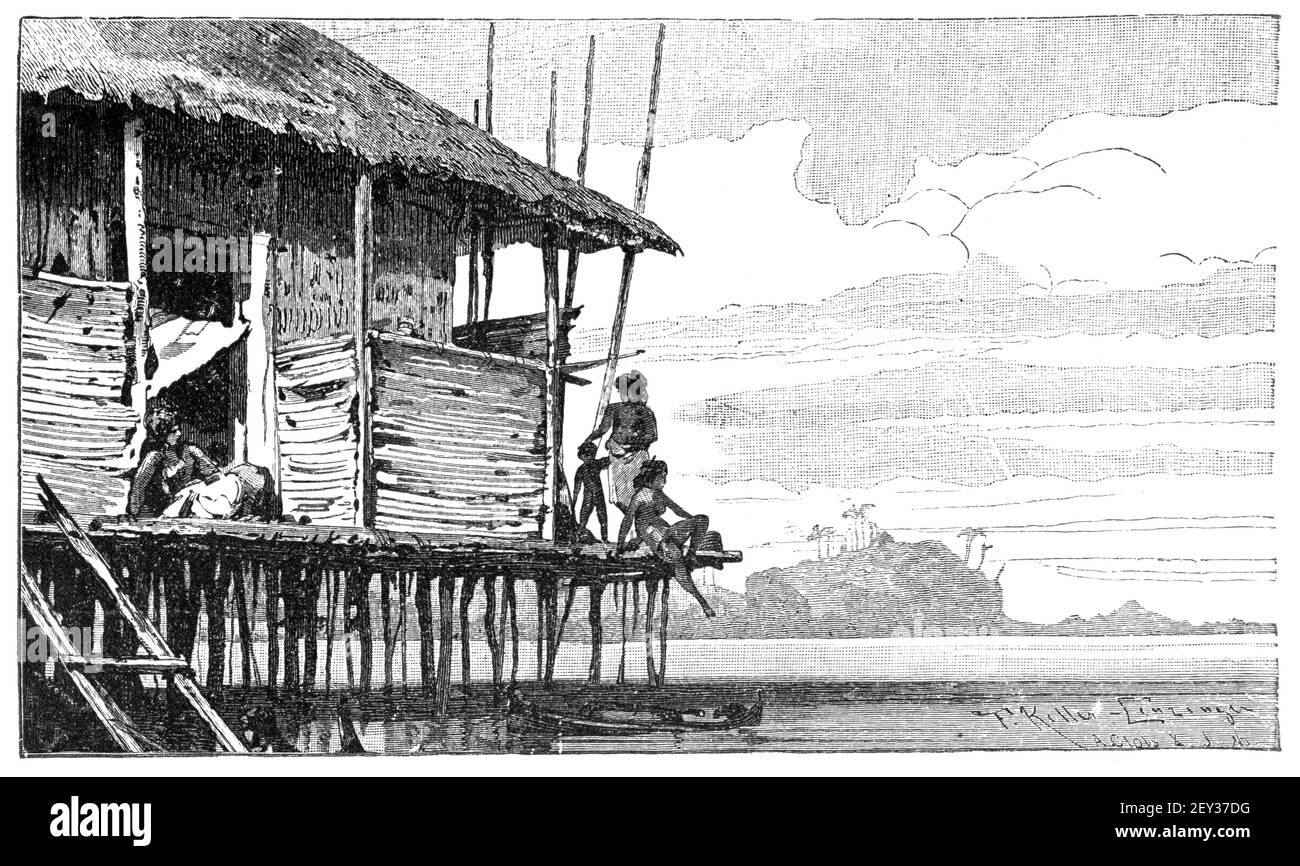 House on water, village in Java Indonesia. Culture and history of Asia. Vintage antique black and white illustration. 19th century. Stock Photo