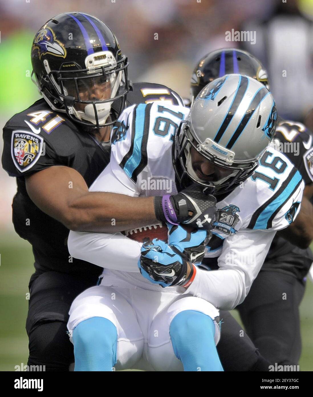 Baltimore Ravens safety Anthony Levine (41) tackles Carolina Panthers wide  receiver Philly Brown (16) during the third quarter on Sunday, Sept. 28,  2014, in Baltimore. (Photo by Karl Merton Ferron/Baltimore Sun/TNS/Sipa USA