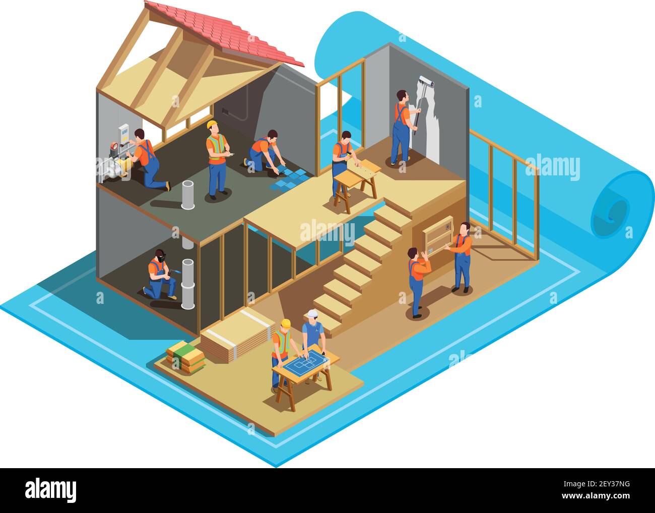 Construction workers with professional tools and blueprint during building of house isometric composition vector illustration Stock Vector