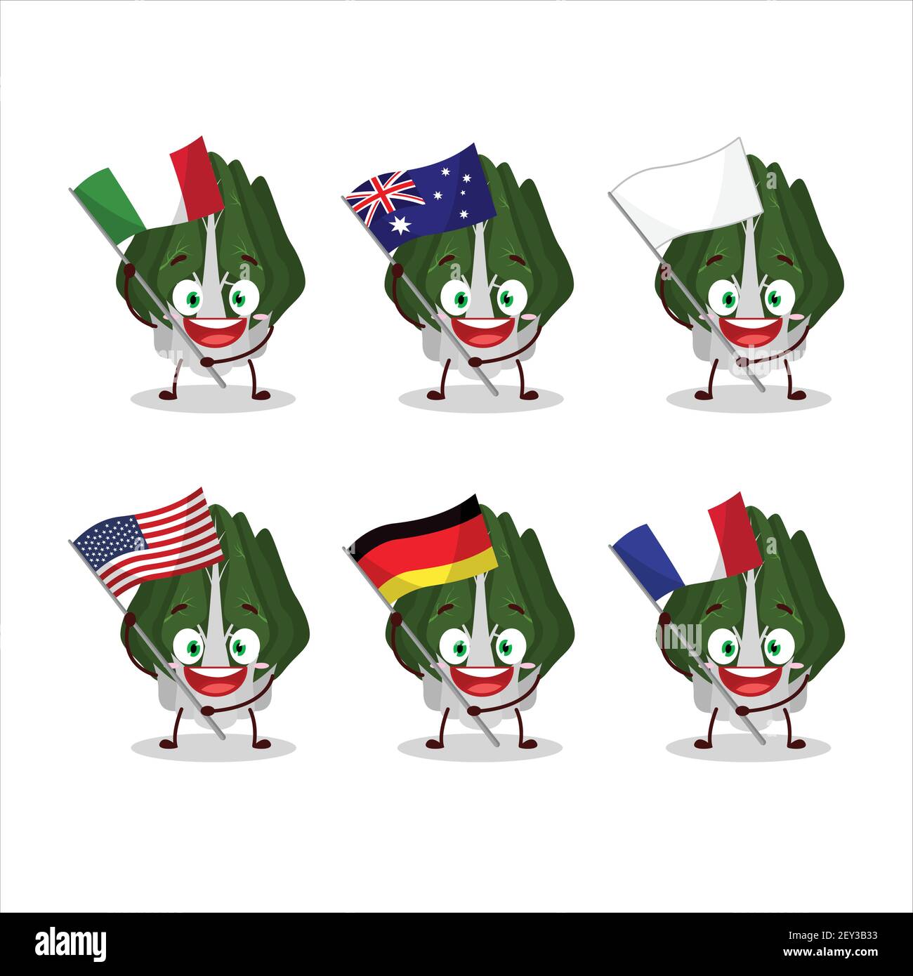 Swiss chard cartoon character bring the flags of various countries