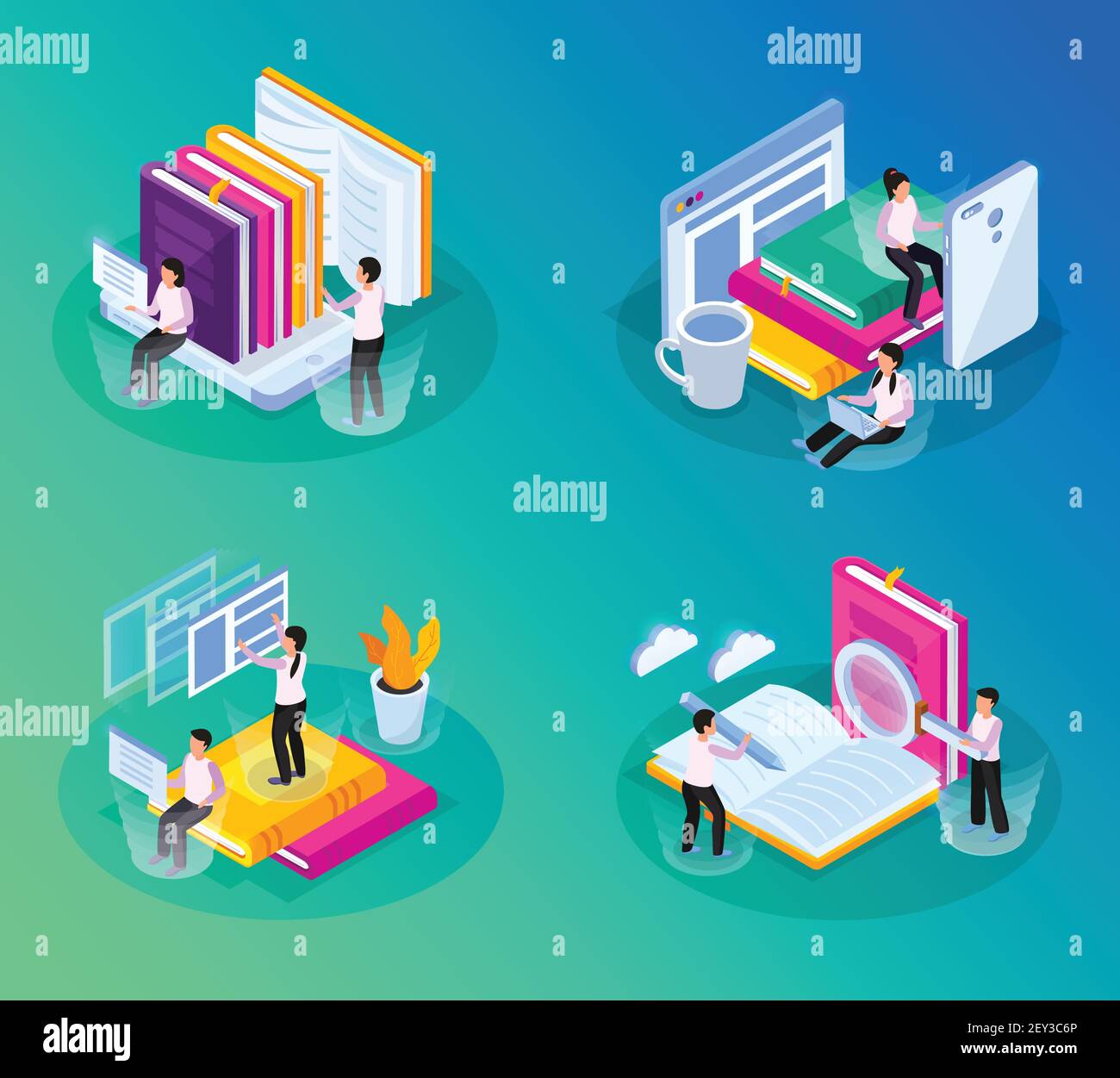 Online library isometric glow 4x1 set with compositions of conceptual ...