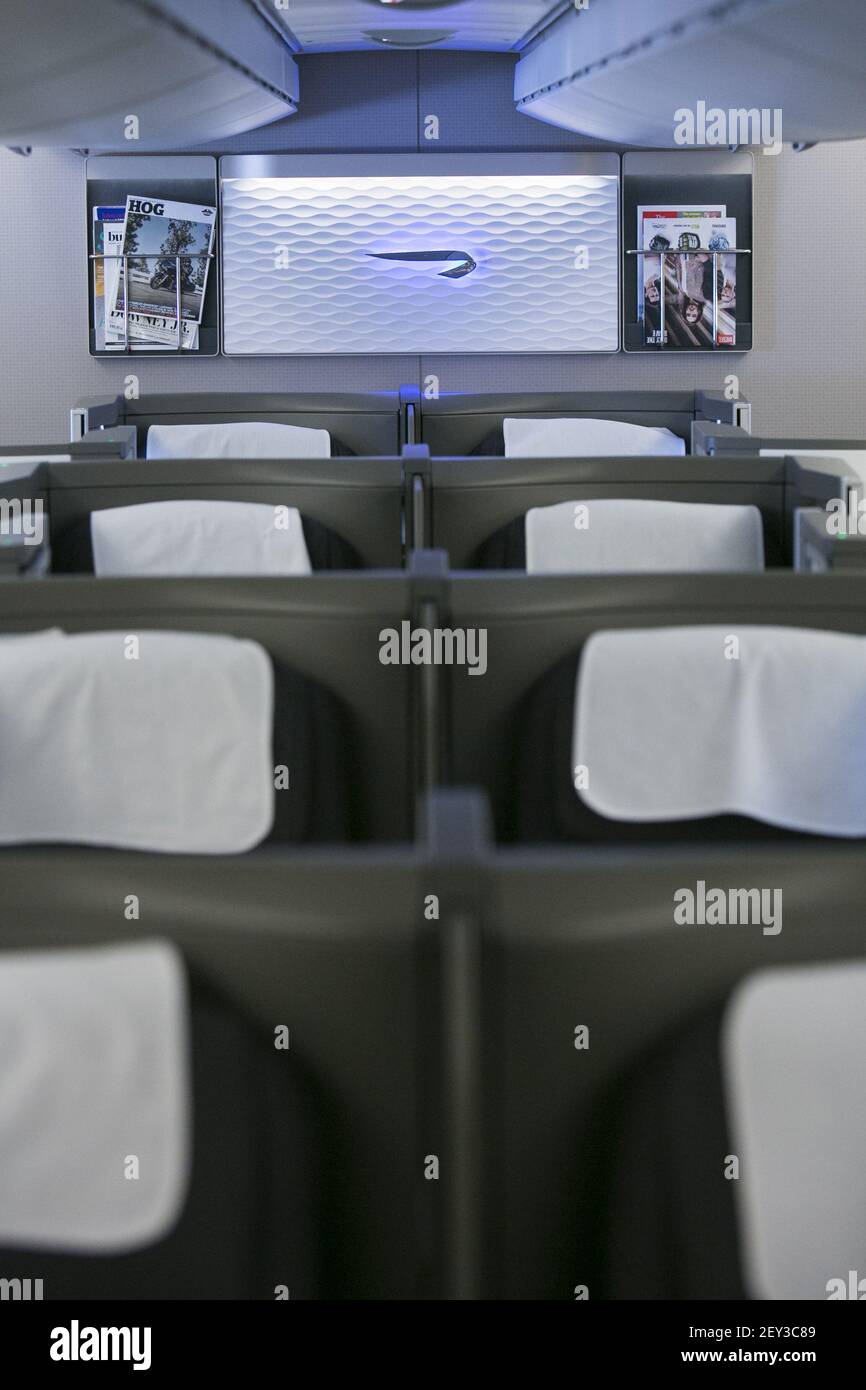 The Club World (Business Class) cabin of a British Airways Airbus A380
